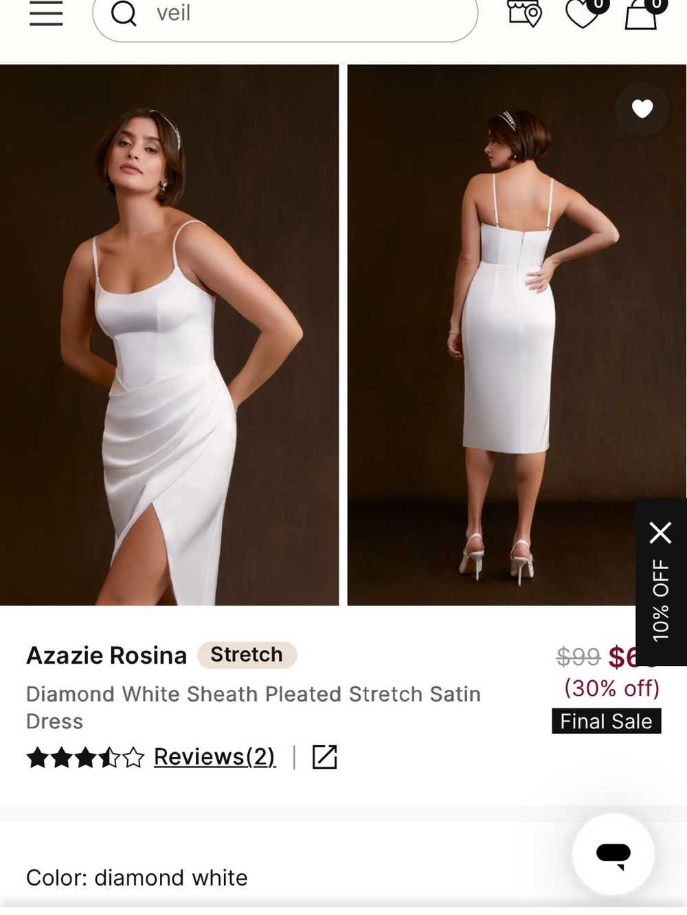 Azazie White Satin Midi Sheath Dress with Side Slit